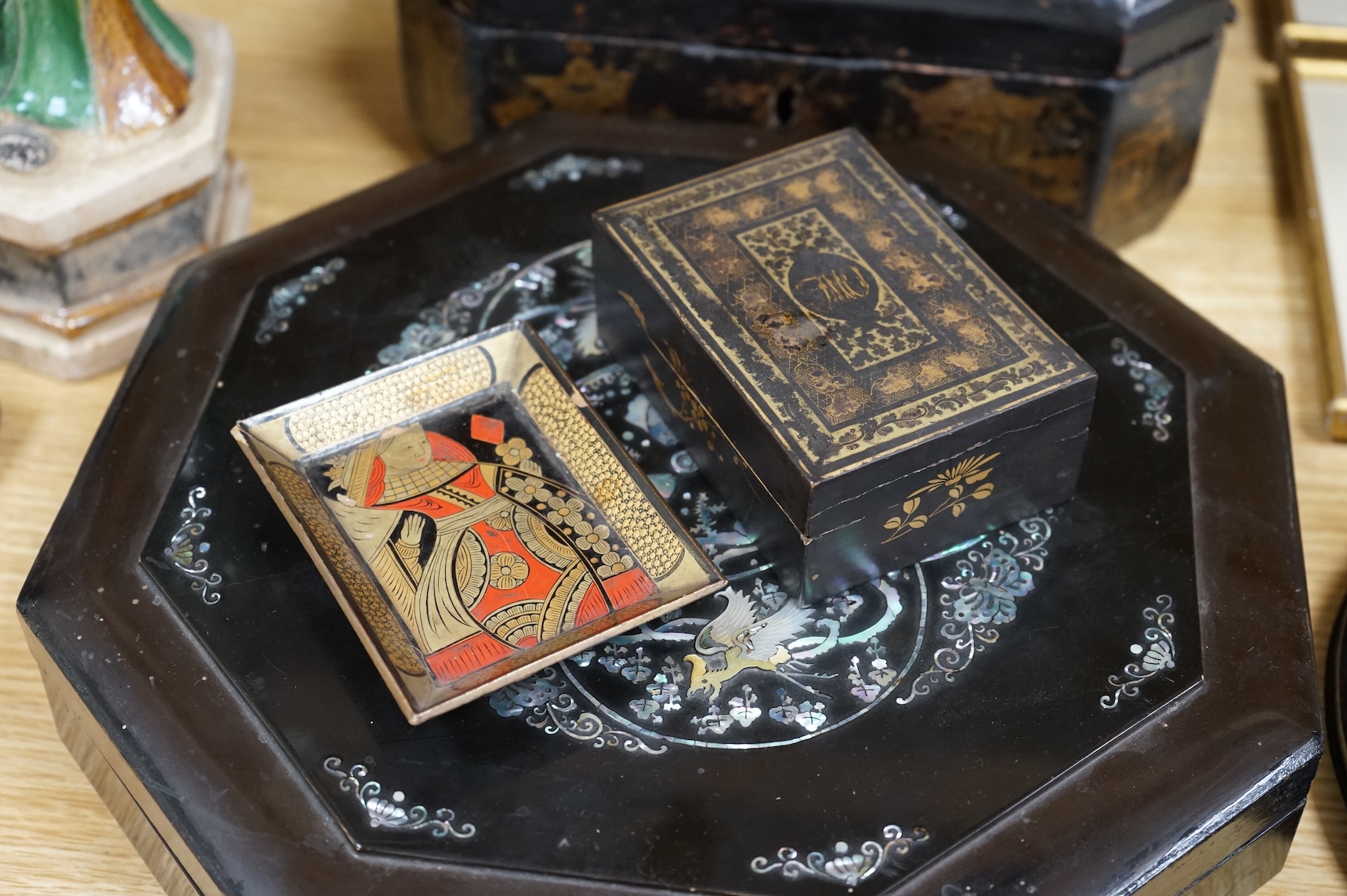 A group of 19th/20th century Chinese lacquer boxes, the largest 34cm wide